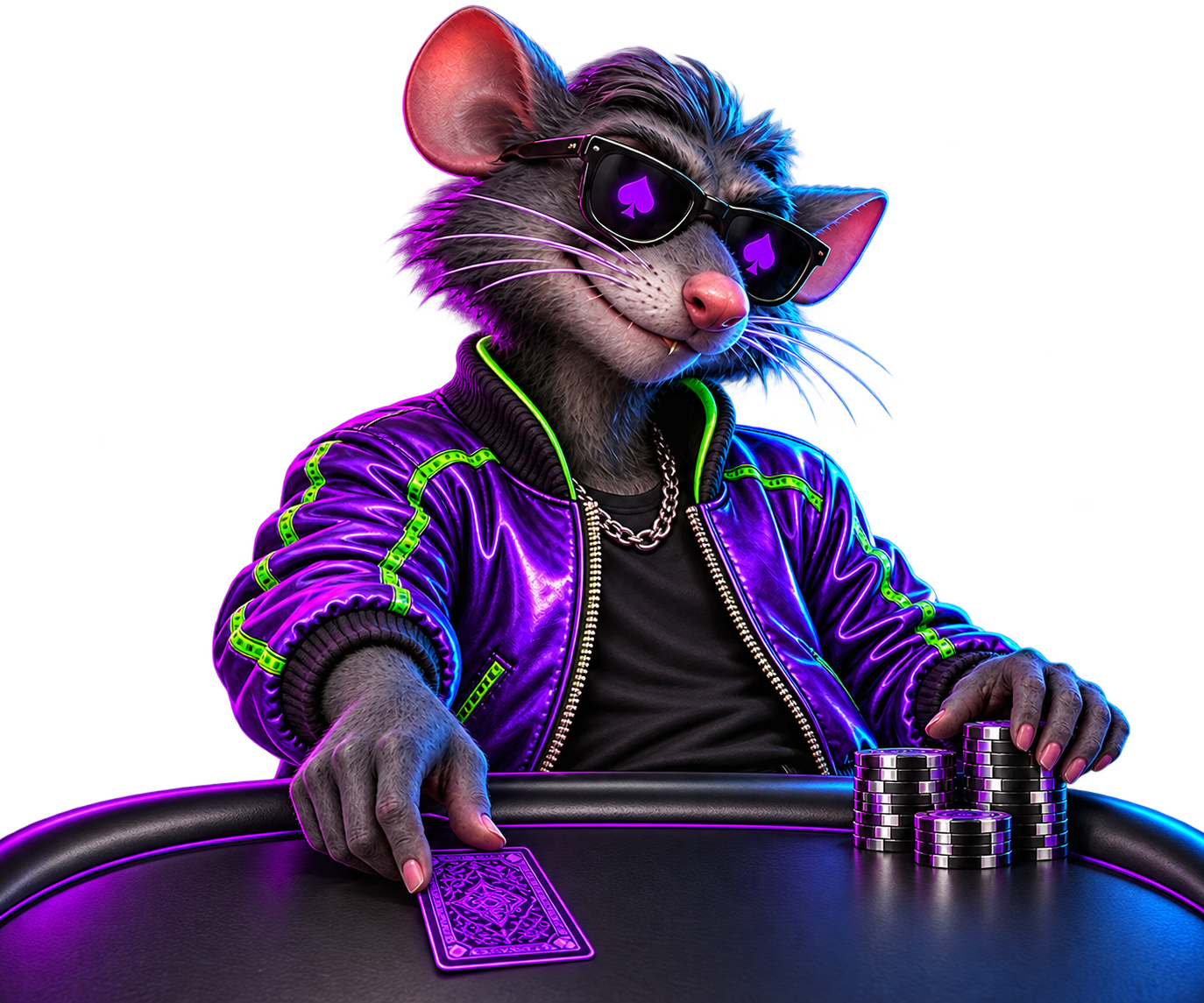 River Rat dealing a violet card at a poker table