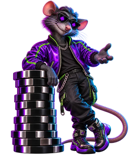 River Rat welcomes players, leaning beside a tall stack of chrome poker chips