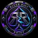 River Riot black-and-silver poker-chip emblem with violet and cyan RR, spade, and river mark