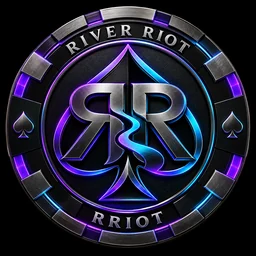 River Riot black-and-silver poker-chip emblem with violet and cyan RR, spade, and river mark; RIVER RIOT and RRIOT lettering